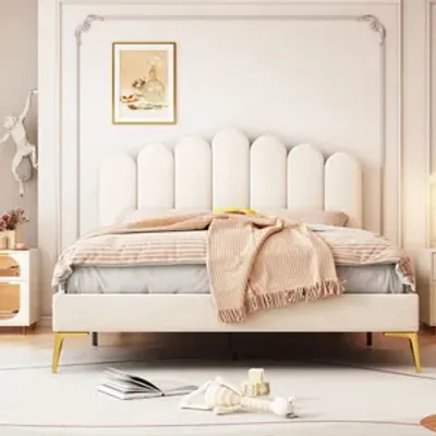 Immagine prodotto di Letto imbottito Tiema 140x200 cm - Letto imbottito retrò - Letto matrimoniale con rete a doghe - Collezione Karin - Letto robusto - Struttura letto in legno - Beige