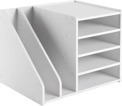 Produktbild von easybuy Schreibtisch Organizer Weiß, 4+2 Fächer, für Aktenordner, Dokumenten- & Briefablage, PVC, 39x31x30cm – abnehmbare Schichtplatte, erhöhter Boden, hohe Stabilität, modern, rechteckig, runde Ränder
