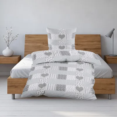 Produktbild von Seersucker Bettwäsche 2er Set 135 x 200 cm mit Reißverschluss in Grau kariert mit Herzen