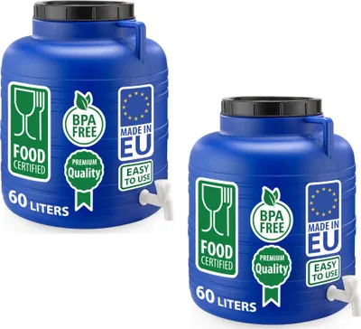 Produktbild von 2er Set Weithalsfass Sauerkrautfass Fasssilage Regen Fass Gepäcktonne Camping 60 Liter mit Zapfhahn und Deckel blau