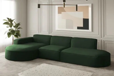 Produktbild von Ecksofa Designersofa PALMA in Stoff Opera Velvet Grün Ottomane Links
