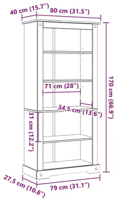 Imagen del producto de Estantería de pared con 5 compartimentos, estilo México, madera de pino, 80x40x170 cm