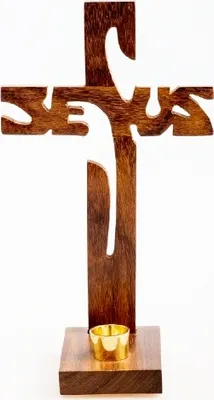 Produktbild von Stehkreuz "Jesus" in Holz 24 cm mit Kerzenhalter