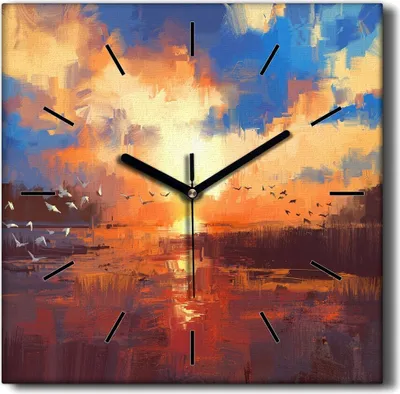 Produktbild von Coloray Hodiny Unikátní 30x30 cm  Tiché hodiny Pro obývací pokoj a kuchyň Nástěnné hodiny Plátno Černé ručičky hodin - Mraky jezera Sunset