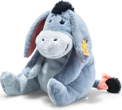 A plush toy of Eeyore sitting down, facing slightly to the left.