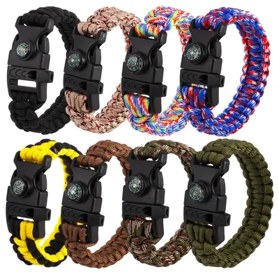 Produktbild von Überlebensset Armbänder - Multifunktionale Paracord Survivalarmband mit Kompass und Pfeife - 8 Teile
