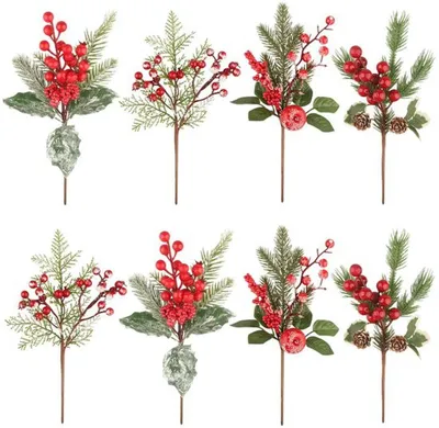 Produktbild von Unyqoos-Set® aus 8 dekorativen künstlichen Weihnachtszweigen mit roten Beeren und Tannenzapfen.