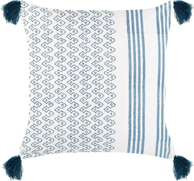 Produktbild von BELIANI Dekokissen Weiß und Blau Baumwolle 45 x 45 cm Bezug mit Füllung Reißverschluss Quasten Geometrisches Muster Boho Modern Wohnzimmer Schlafzimmer