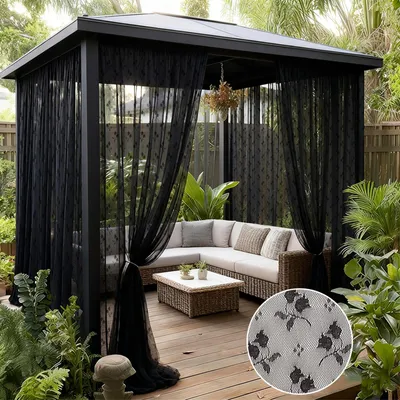Produktbild von 2er Set Außen Vorhang Voile Blumenmuster mit Stangentasche Moskitonetz Fliegengitter Insektenschutz Gardinen, B157xH305cm, Schwarz