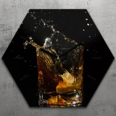 Produktbild von Uhr hexagonal 40 cm Glas Geräuschlos schwarze Zeiger - Whisky Glas