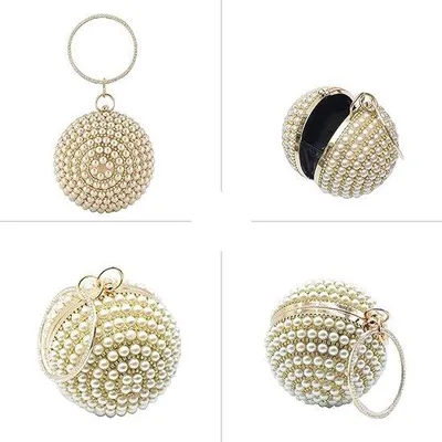 Produktbild von Unyqoos® Abendtasche Clutch Damen – runde Kugel-Clutch mit Perlen & Strass, Satin-Futter, Metall-Druckverschluss, abnehmbare Kette & Ringgriff, 12,5×13,5×25 cm
