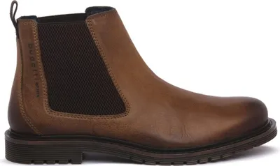 A side view of a brown leather Chelsea boot.