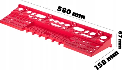 A red plastic tool organizer with various compartments and holders for tools. Dimensions are indicated with text overlays.