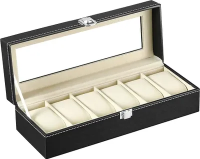 Produktbild von Uhrenbox für 6 Herrenuhren, schwarz, Kunstleder, Glasfenster