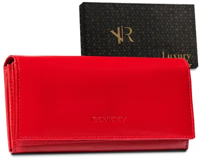 A red leather wallet is displayed in front of a black box with gold lettering.