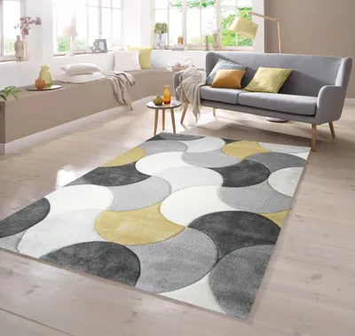Image de Tapis design à motif de gouttes, gris, crème et jaune - Dimensions : 80 x 300 cm