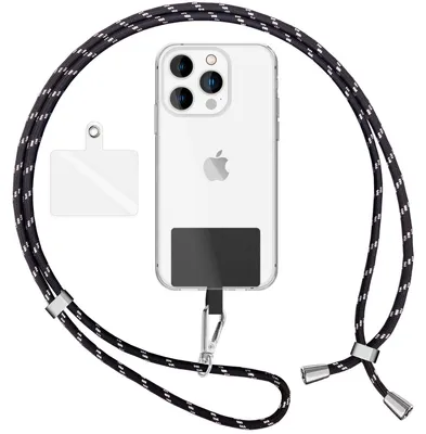 Zdjęcie produktu dla NALIA Uniwersalna smycz z 2 podkładkami i karabińczykiem - Łańcuszek na telefon komórkowy 160 cm - Czarny Srebrny