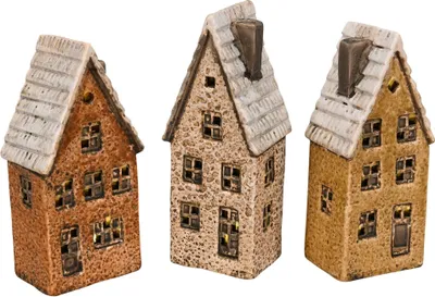 Produktbild von Deko Haus LED x3 brau/orange/natur sort. 6,5x6cm H14cm Steinzeug Lichterhaus