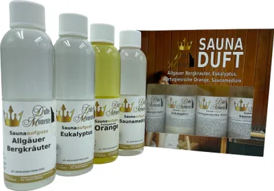 Produktbild von Saunaaufguss  -Set 4x250ml Bergkräuter Eukalyptus Orange Saunamedizin (Kampfer, Zitrone)