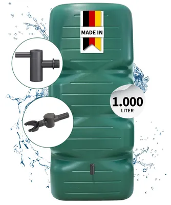 Produktbild von GARANTIA CUBUS Regentonne Komplett-Set 1000 Liter dunkelgrün inkl. Kunststoff-Auslaufhahn und Fallrohranschluss