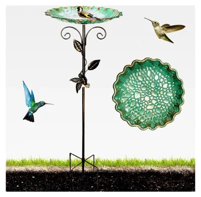 Produktbild von Stehende Vogeltränke, Vogelbad für den Garten, Metall Vogelbecken Schüssel, Vintage Freistehendes Vogelbad mit Stabiler Konstruktion, Winterfeste Futter- und Wasserschale