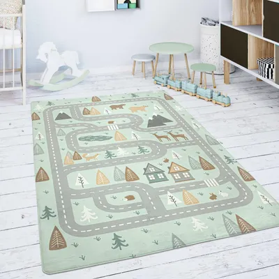 Produktbild von Kinderteppich waschmaschinenwaschbar Waldwege‑Muster Kinderzimmer schmutzabweisend Türkis Rechteckig 120x160 | 100% Polyester | pflegeleicht