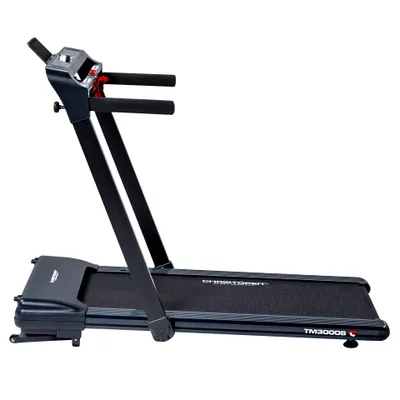 A side view of a black treadmill against a white background.
