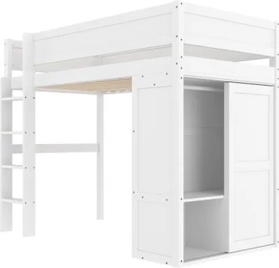 Produktbild von Hochbett mit Kleiderschrank (90x200cm) Kinderbett mit Lattenrost und Rausfallschutz, Kiefer