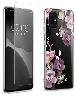 Produktbild von kwmobile Hülle kompatibel mit Samsung Galaxy A51 Handyhülle - Silikon Case transparent - Mit Glas Schutzfolie - Blumenblüten und Rosen Pastelllila