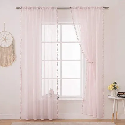Obrázok produktu pre Ibenzoa® Záclony do detskej izby s pom-pomkami, čiastočne priehľadné – sada 2 kusov, rozmer 225 x 140 cm, kvalitný materiál, vhodné do dievčenských izieb