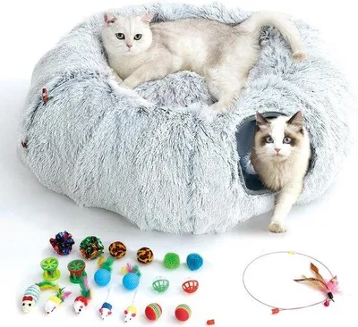 Produktbild von Katzentunnel mit Spielzeug, aufklappbare Plüschhöhle mit Loch für Katzen