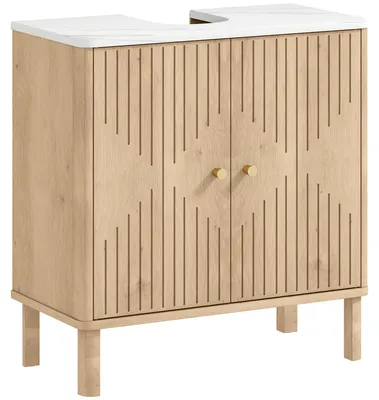 Produktbild von Badezimmer-Waschtisch mit verstellbarem Einlegeboden und Arbeitsplatte in Marmoroptik, 60 x 30 x 63 cm, Eichenoptik