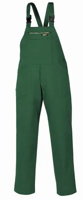 A pair of green overalls is shown against a white background.