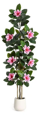 Obrázok produktu pre Ficus lyrata – umelý strom – veľká podlahová rastlina 180 cm – s ružovými kvetmi magnólie – biely kvetináč – do bytu a na balkón – ružová