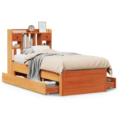 Produktbild von vidaXL Massivholzbett mit Regal ohne Matratze Wachsbraun 100x200 cm