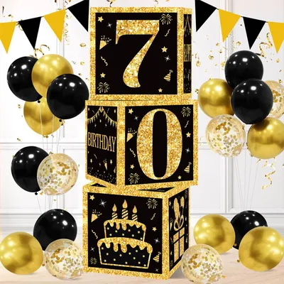 Immagine prodotto di Scatola regalo compleanno 70 anni - Set di 3 - Nero e oro - 27 x 27 x 27 cm - Decorazione da tavola
