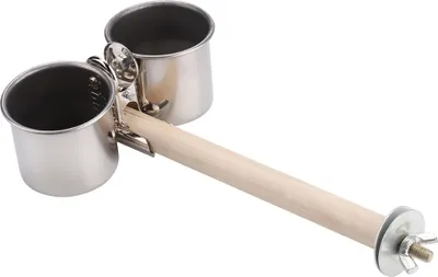 Produktbild von Vogelkäfig-Futterautomat, Edelstahl mit Holzhalterung, 2-in-1 für Futter & Wasser, Größe L