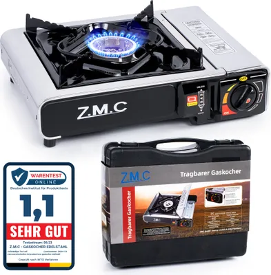 Produktbild von ZMC Edelstahl Campingkocher 1 Flammig Outdoor Gaskocher Herd Kartuschenkocher Transportkoffer Tragbarer Piezozündung Kochfeld ohne Gaskartusche