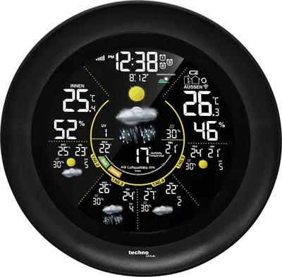 A digital weather station displaying time, indoor and outdoor temperature, humidity, and weather forecasts.