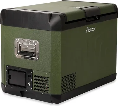 A green Yolco electric compressor cooler box is shown from a side-angle.