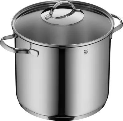 Produktbild von WMF Kochtopf, Cromargan Edelstahl poliert, 24 cm Ø, 8,8 L, 20,5 cm H, mit Glasdeckel, unbeschichtet, backofengeeignet, Induktionsgeeignet, 2-teilig, wärmeisolierende Nietengriffe, ausgestellter Schüttrand