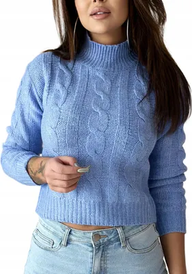 Produktbild von Modischer, warmer Damenpullover, kurz geschnitten, Rollkragen, blaue Zöpfe, XL