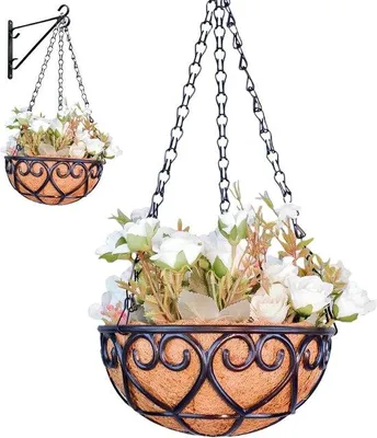 Produktbild von Metallene Blumenhalter für Pflanzen, Hängende Pflanzenhalter - 25 cm Hängende Blumenkörbe Draht Blumenhalter, Runde Pflanzenhalter, metallene Pflanzenkorbhalter, Blumenpflanzen für den Außenbereich für Terrasse-Garten.