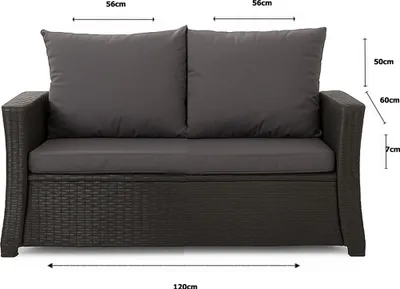 A close-up front view of a dark rattan sofa with dark gray cushions, showing dimensions.