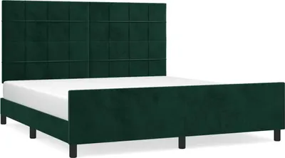 A dark green velvet bed frame with a tufted headboard, shown against a white background.