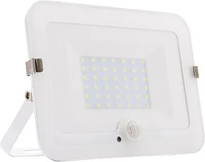 A white LED floodlight with a motion sensor is shown against a white background.