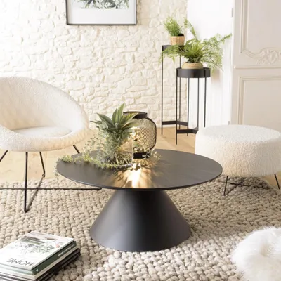 Image de DALY - Table basse en bois ronde noire 78x78cm pied conique métal