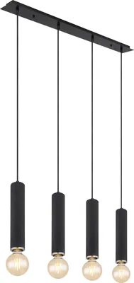 A modern pendant light fixture with four black cylindrical shades and exposed Edison-style bulbs.
