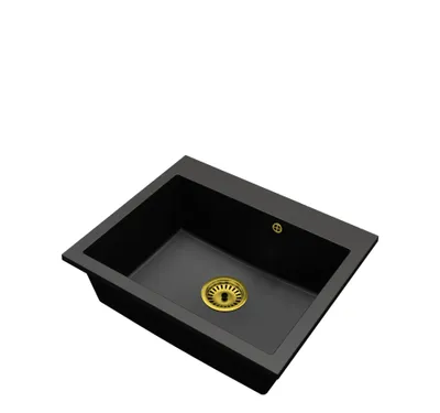 Produktbild von Granitspüle Einbeckig Elite 60 – Schwarz – Goldener Siphon