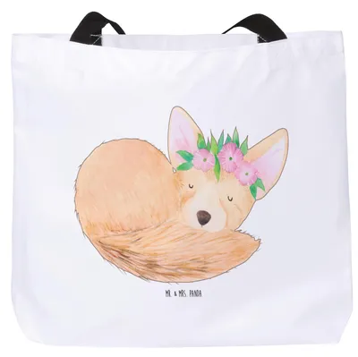 Produktbild von Mr. & Mrs. Panda Einkaufstasche Wüstenfuchs Blumen - Weiß - Geschenk, Laptoptasche, Glücklich, studententasche, Reisetasche, Tote Bag, Afrika, Blumenkranz, Wüste, Tasche